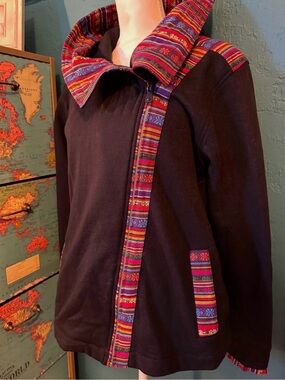 Black Utility Jacket with Multicolor Ethnic Trim